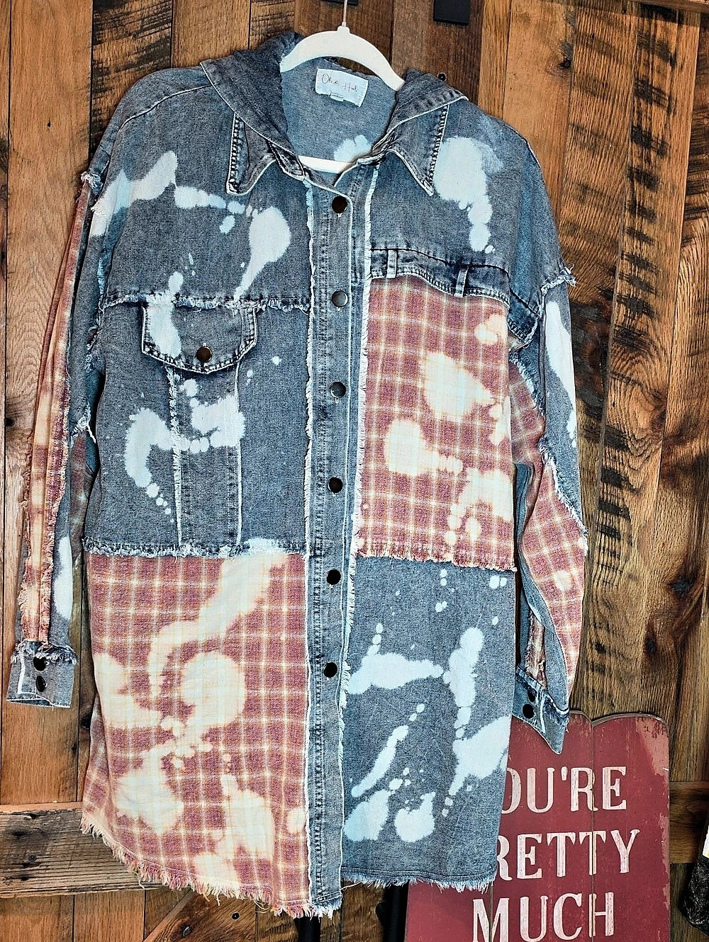 261p Oli & Hali Patchwork Distressed Jean Jacket in Blue & Red